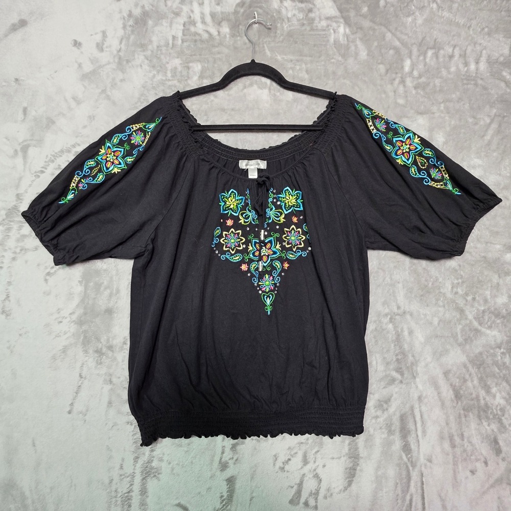 Dressbarn Woman Black Embroidered Peasant Top 1X Cotton Boho Floral Rhinestone